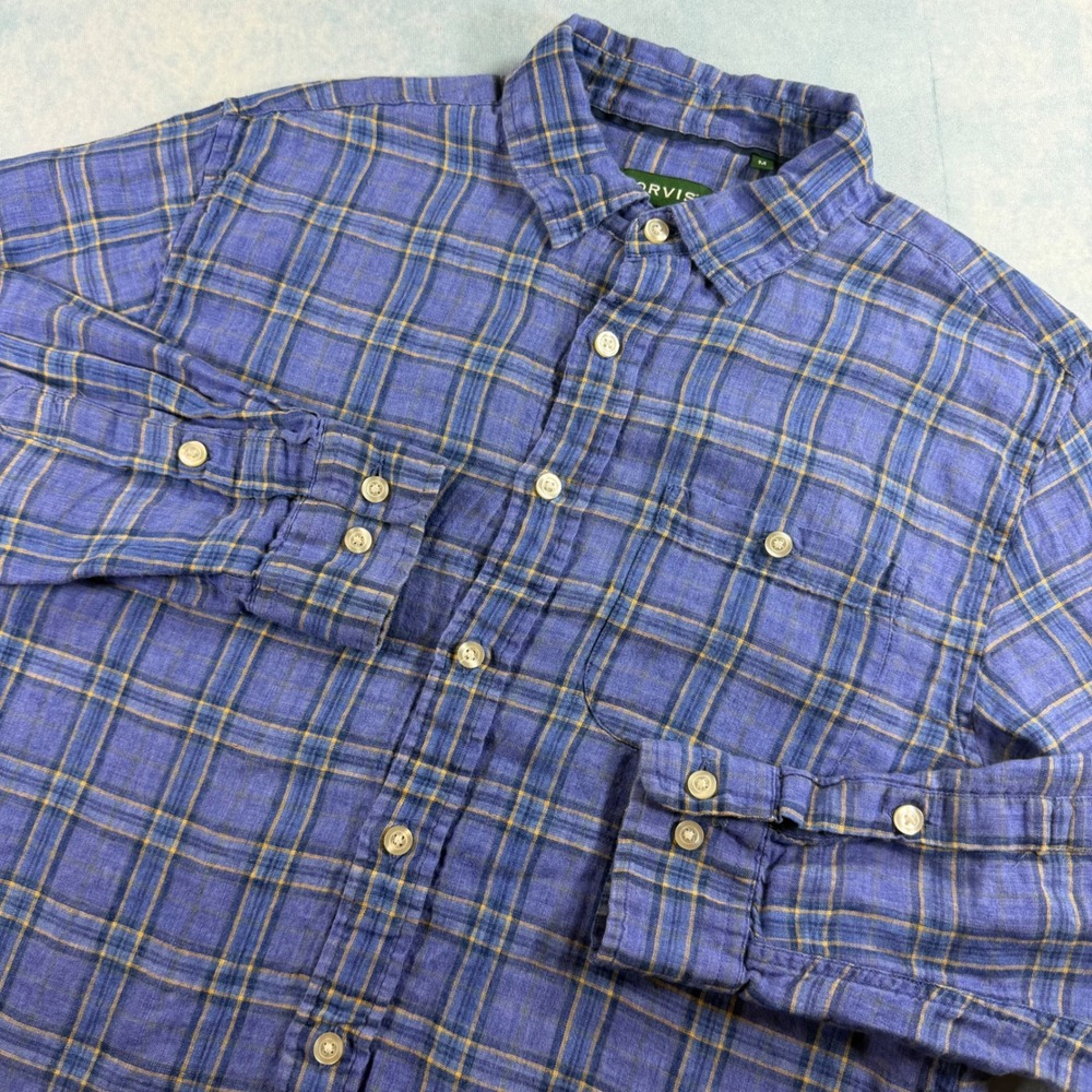 Orvis Plaid Button Down Shirt Mens Medium Blue‎ Excellent 100% Linen Active Fit